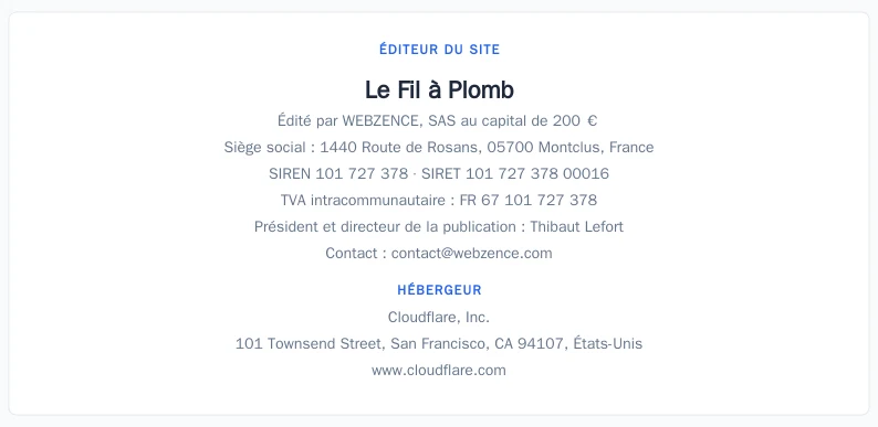 Coordonnées légales de l&rsquo;éditeur et de l&rsquo;hébergeur du site