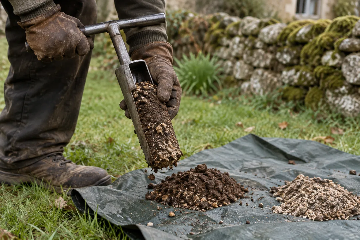 Carotte de terre brune extraite à la tarière manuelle dans le jardin d&rsquo;une maison ancienne