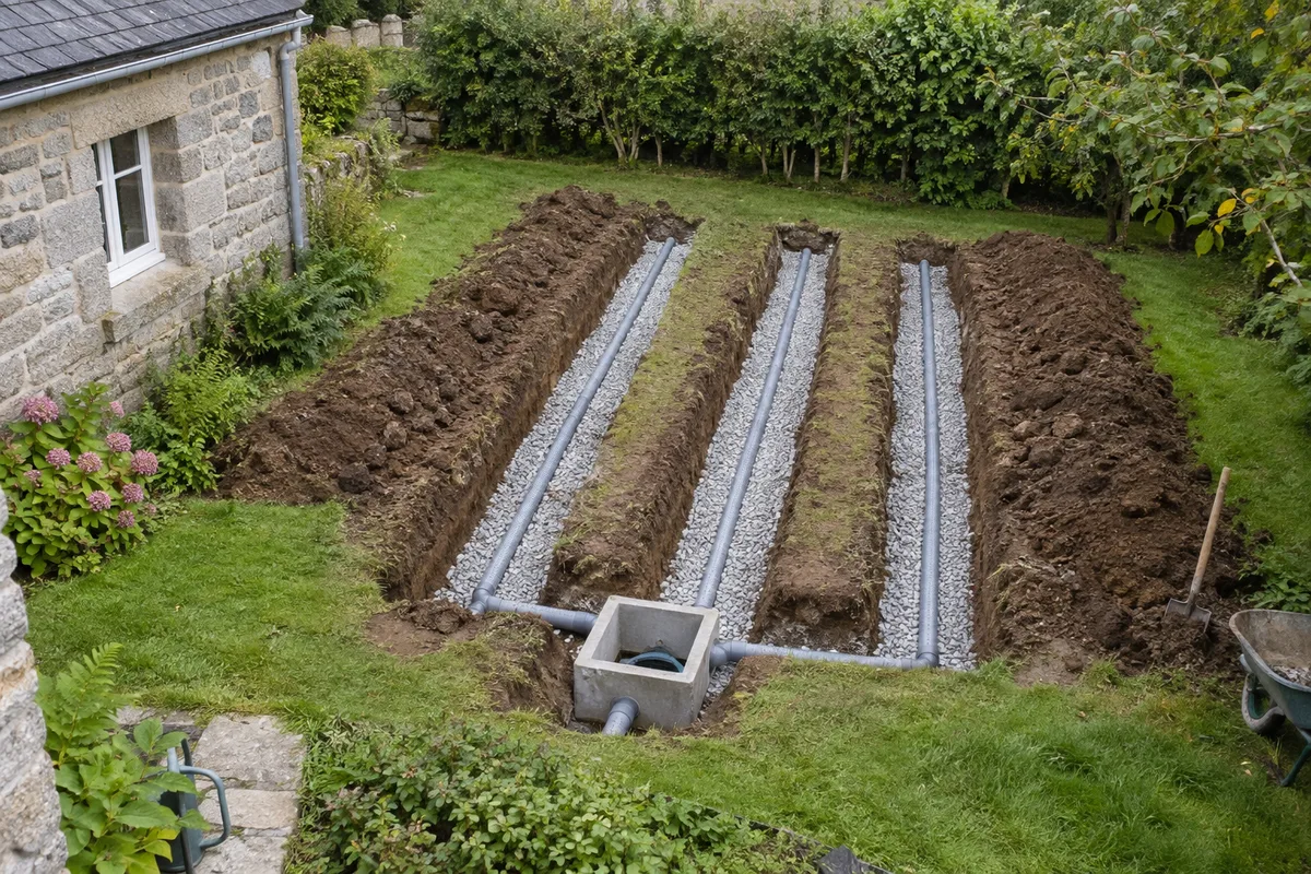 Tranchées d&rsquo;épandage ouvertes garnies de gravier et de tuyaux perforés derrière une maison de pierre