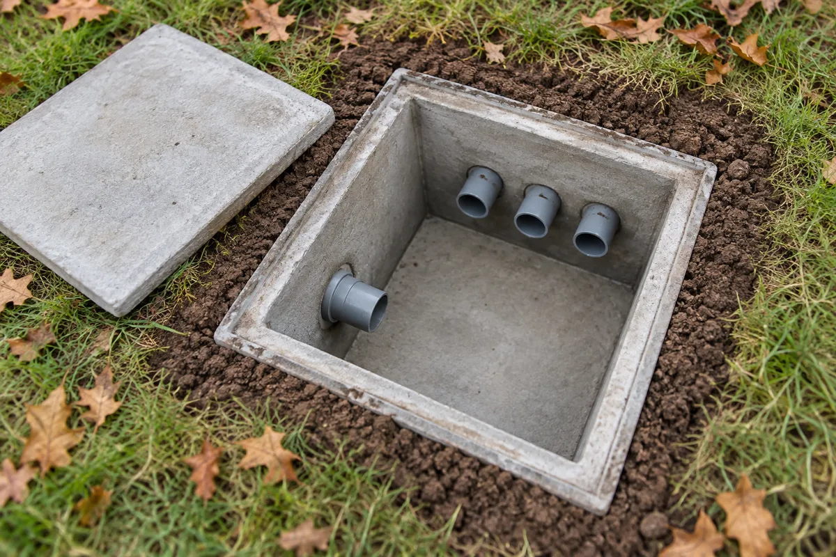 Regard de répartition en béton ouvert d&rsquo;où partent des tuyaux gris dans un jardin