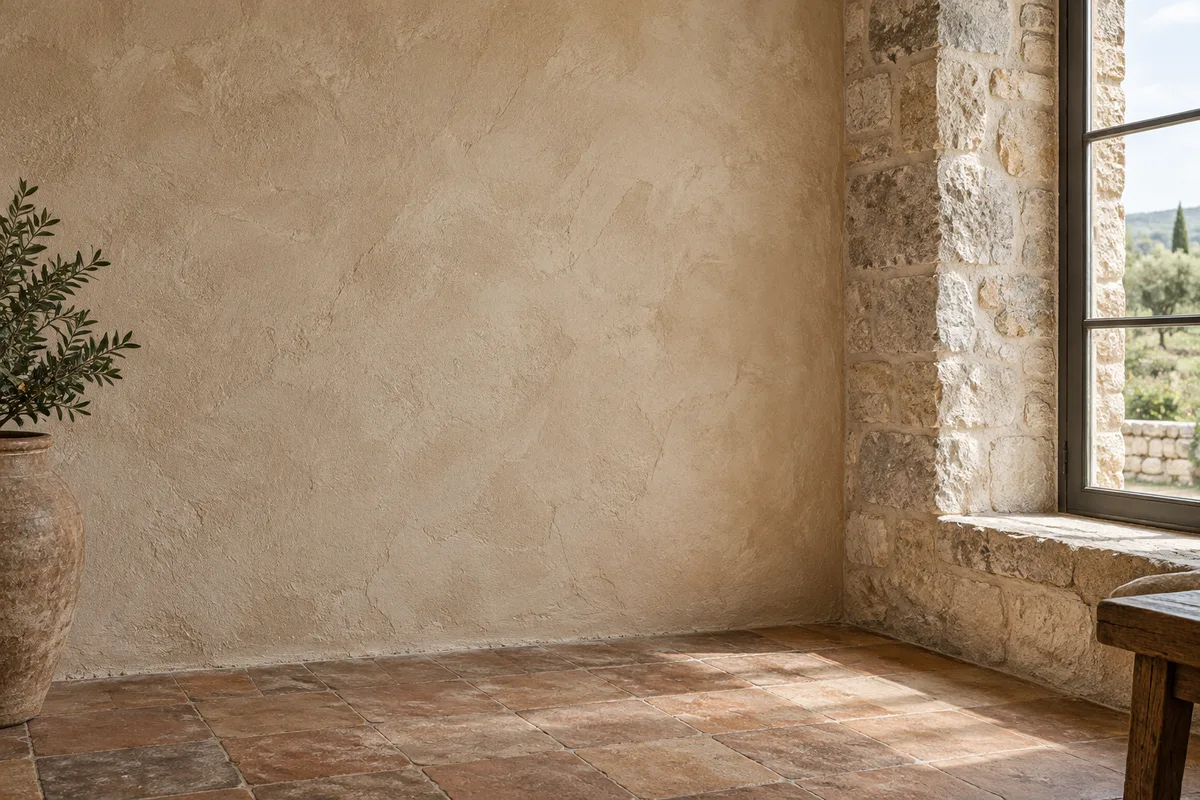 Mur intérieur enduit à la chaux de teinte sable, finition talochée, angle de fenêtre en pierre apparente