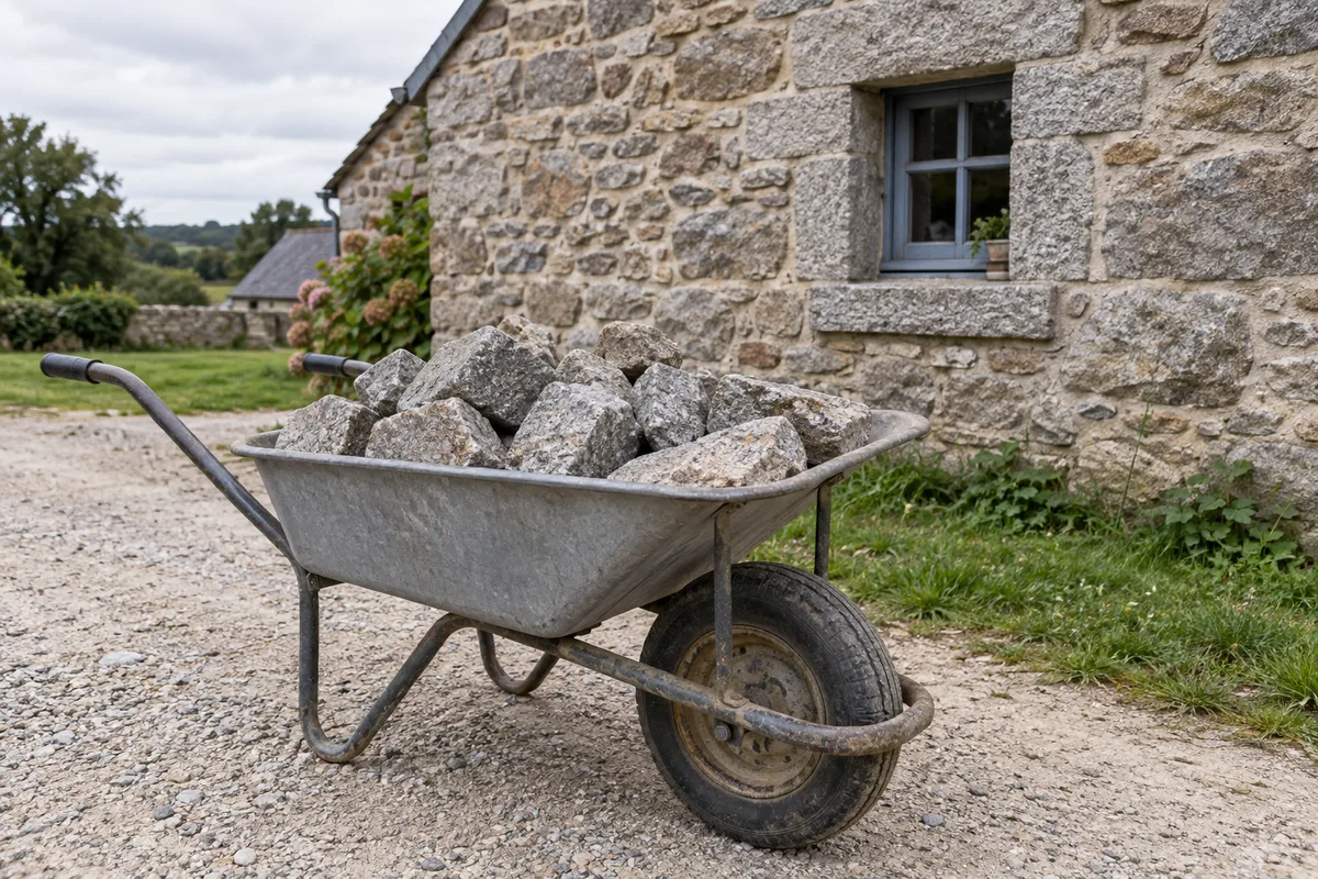 Brouette chargée de moellons de granit triés devant le pignon en pierre d&rsquo;une longère