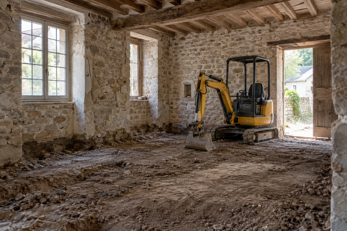 Sol intérieur décaissé jusqu&rsquo;à la terre dans une maison ancienne aux murs de pierre apparente