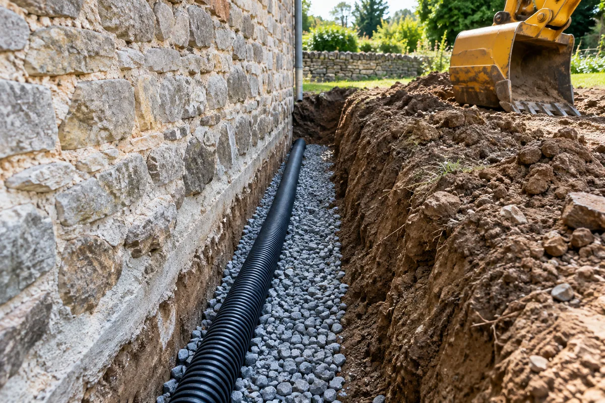 Tranchée de drainage ouverte en pied de mur de pierre avec lit de graviers et drain annelé