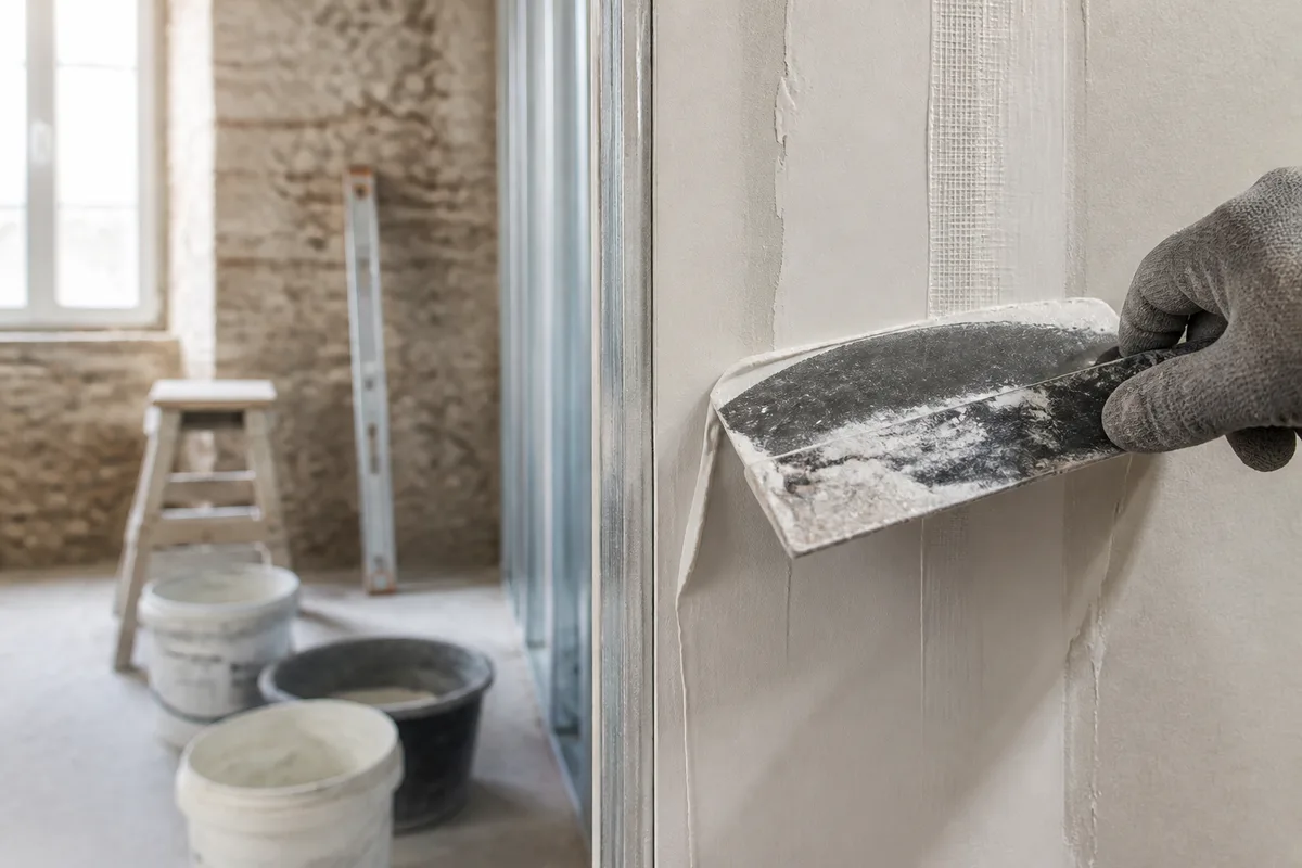 Applicateur tirant une bande à joint sur un mur de plaques de plâtre avec un couteau large