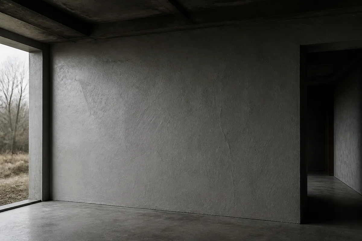 Mur fraîchement enduit éclairé en lumière rasante révélant les reliefs de la surface