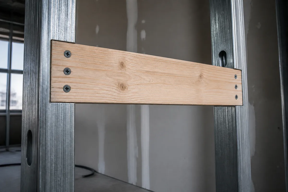 Renfort bois vissé entre deux montants métalliques pour la fixation d&rsquo;un meuble suspendu