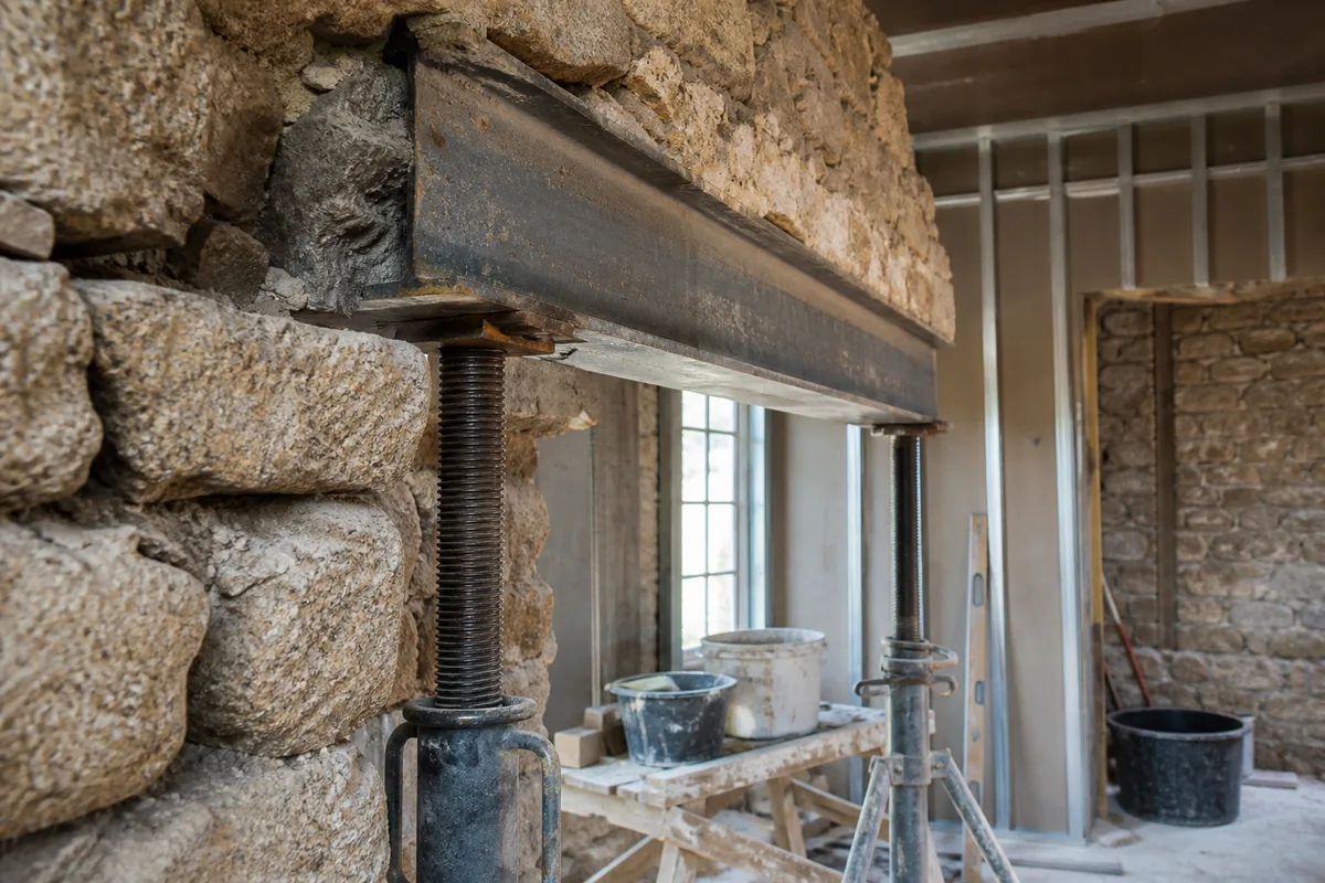 Mur porteur ouvert en cours de reprise avec poutre métallique et étais dans une maison ancienne