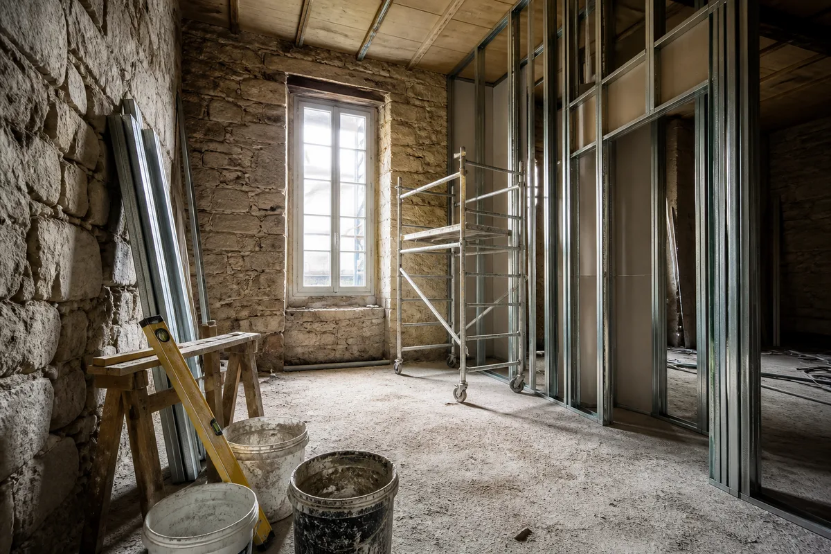 Chantier de rénovation intérieure avec cloisons en cours de montage et échafaudage roulant