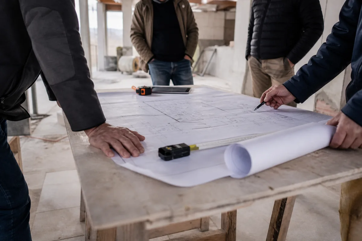 Réunion de chantier autour de plans posés sur une table à tréteaux dans une maison en travaux