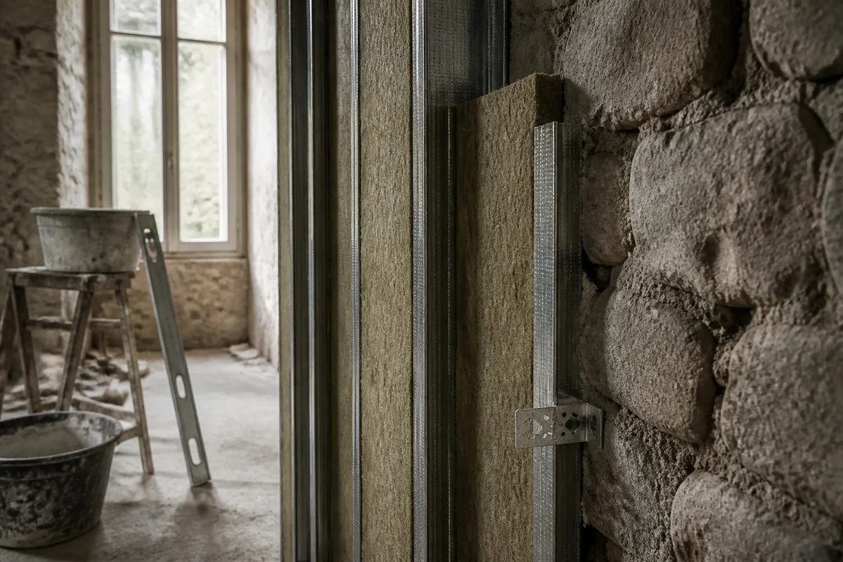 Contre-cloison isolée en cours de montage devant un mur ancien avec ossature et panneaux isolants