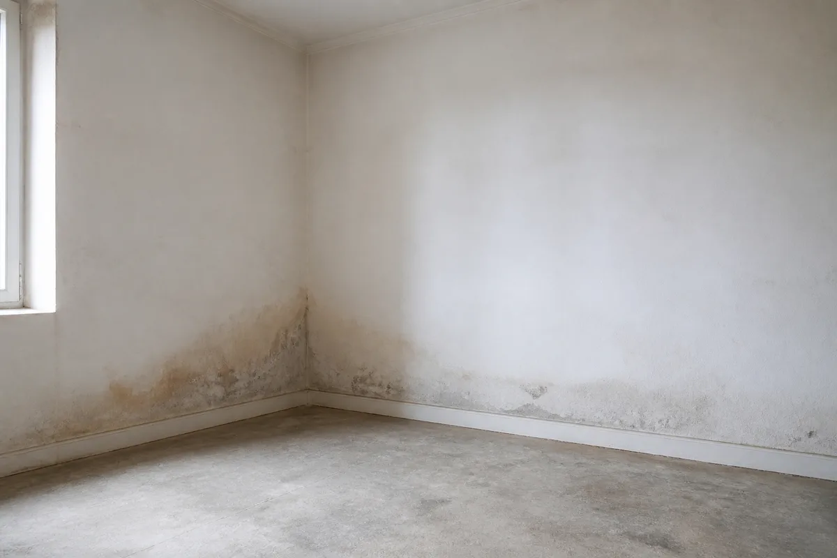 Angle de mur ancien présentant une trace d&rsquo;humidité au pied avant travaux d&rsquo;isolation
