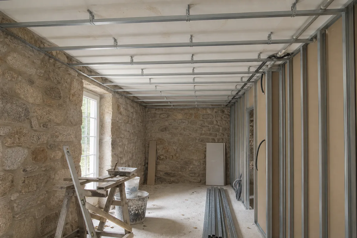 Ossature métallique de plafond suspendu avec fourrures et suspentes avant pose des plaques