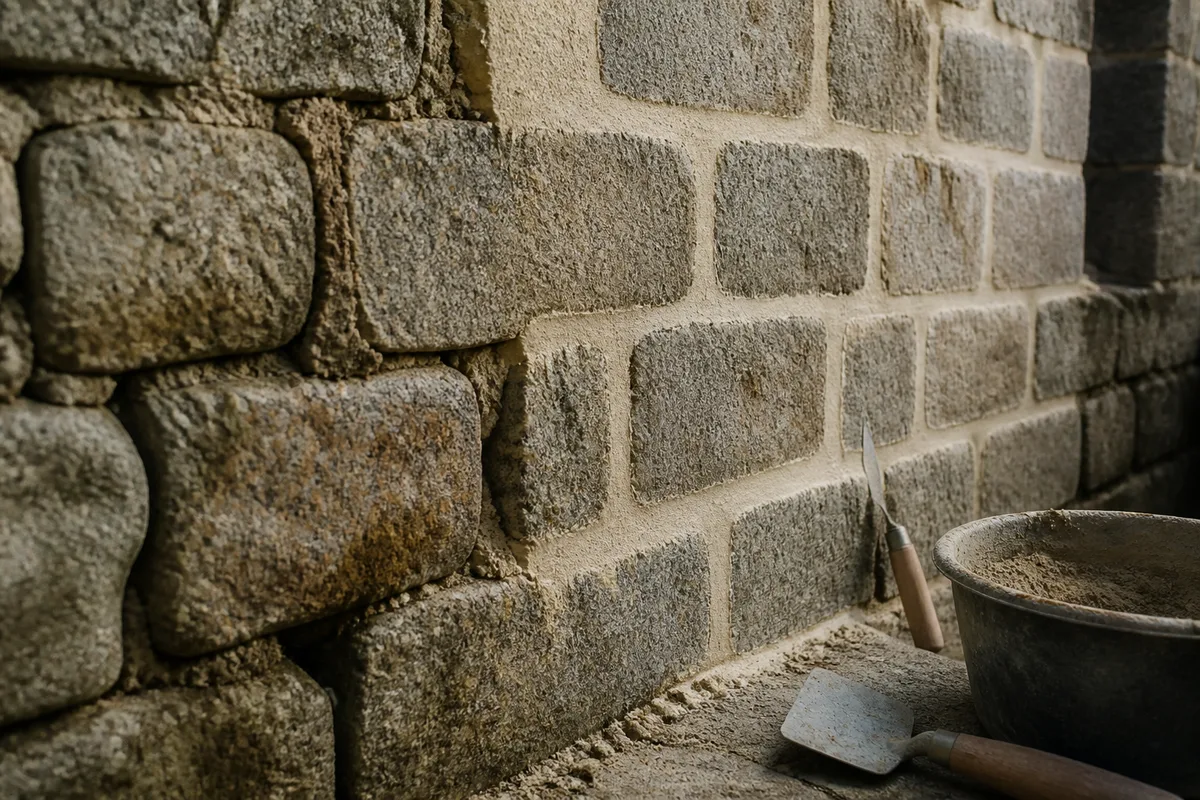 Rejointoiement d'un mur en pierre de granit : mortier, teinte et cure humide