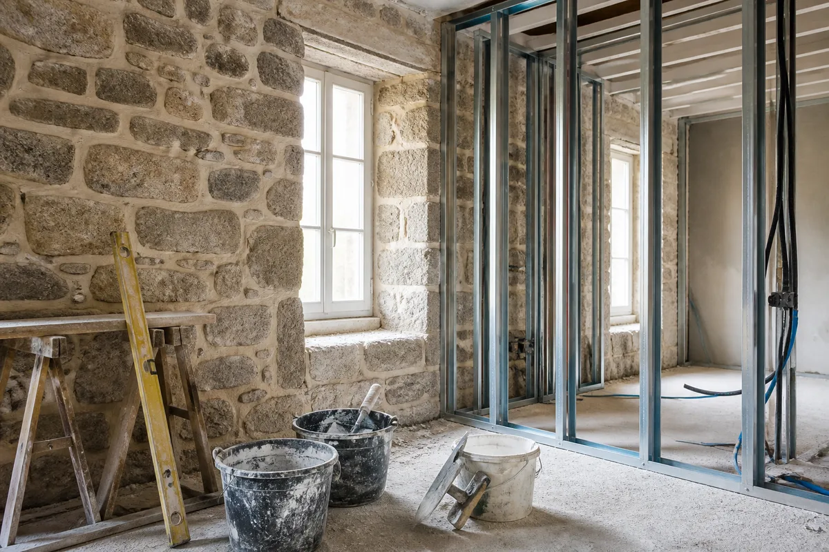 Mur en pierre de granit apparent avec joints à la chaux dans une maison bretonne en rénovation