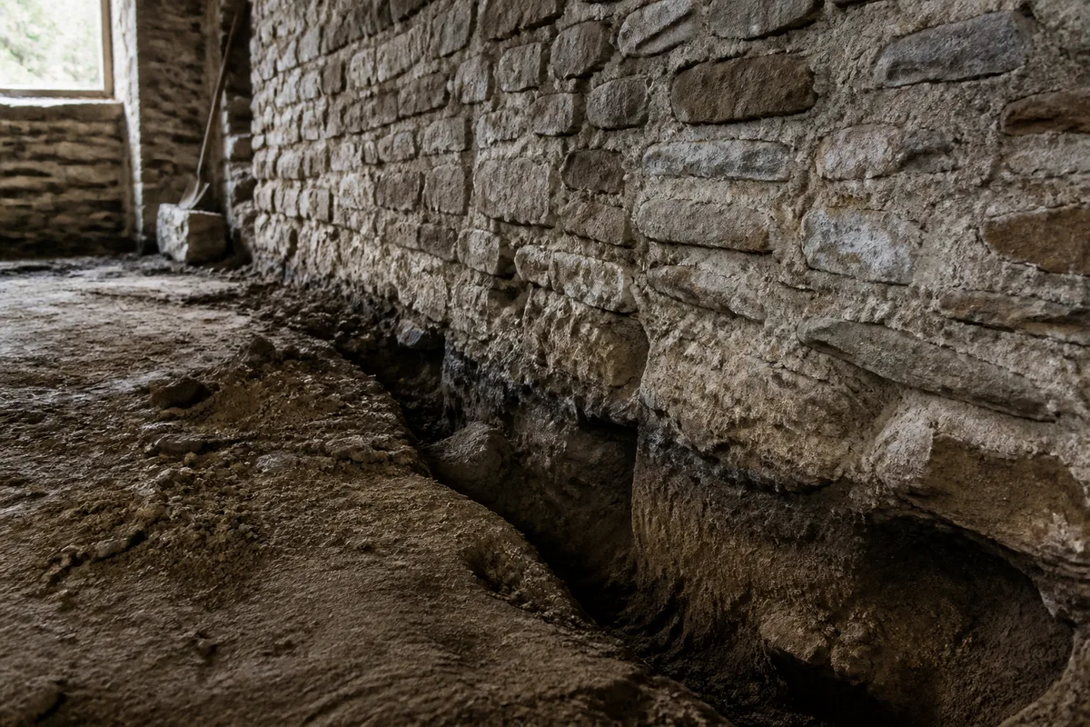 Pied de mur en pierre avec sol en terre battue et tranchée de reprise en cours dans une maison ancienne